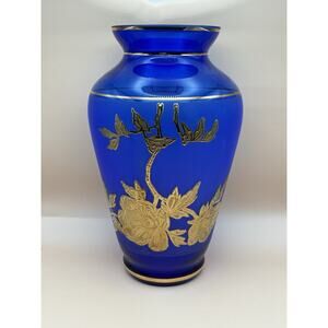 Czech Cobalt Blue 24k Gold Gilding Glass 10” Vase BOHEMIA Kamenicky Senov